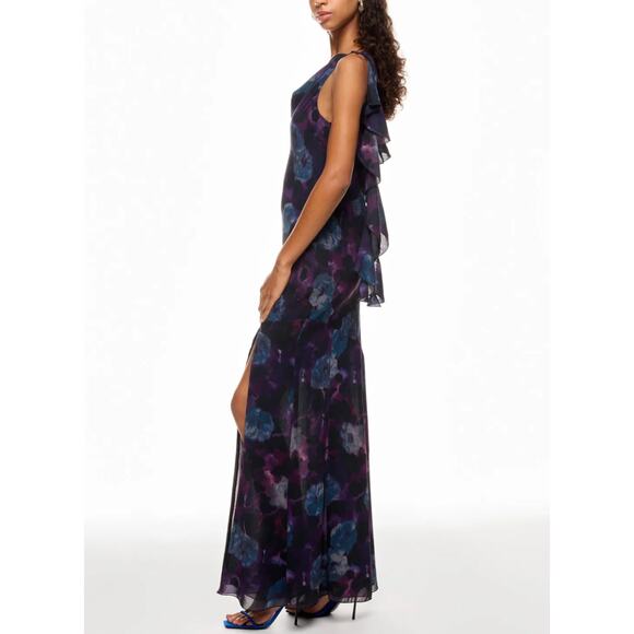 Rotate Purple Watercolor Chiffon Slip Maxi Dress SIZE 2 Ruffle Cowl Party $430 - Picture 1 of 15